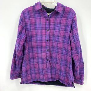 LL Bean Purple Plaid Flannel Fleece Lined Shirt Shacket Button Front Womens M